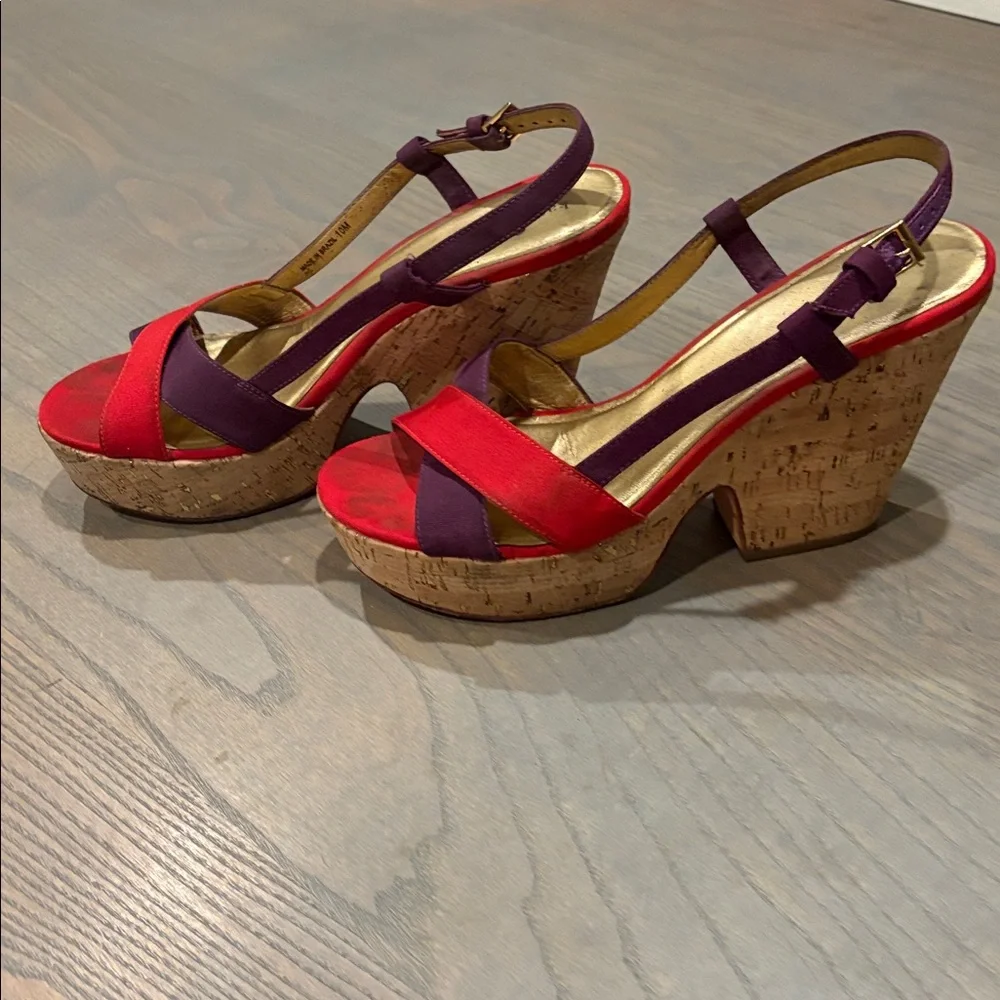 KATE SPADE Purple Red Colorblock Penny Cork Wedge Sandals